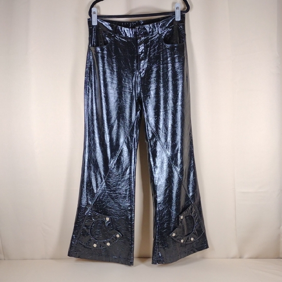 Nerazzurri Pants - Nerazzurri Shiny Black Faux Leather Y2K Inspired Goth Biker Emo Flared Pants